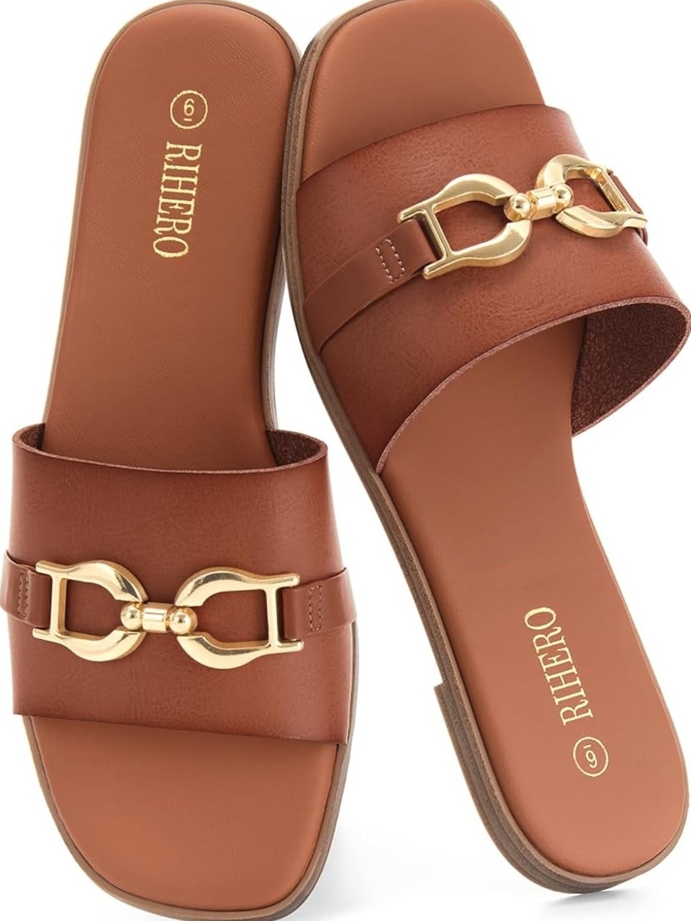 Women’s Camel Brown Slide Sandals with Gold Buckle